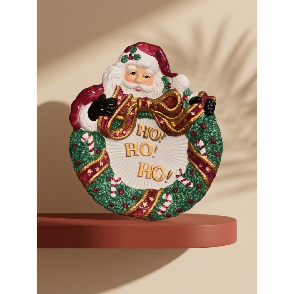 Fitz and Floyd Essentials Ho Ho Ho Santa Wreath Ceramic Holiday Plate 8 Inch